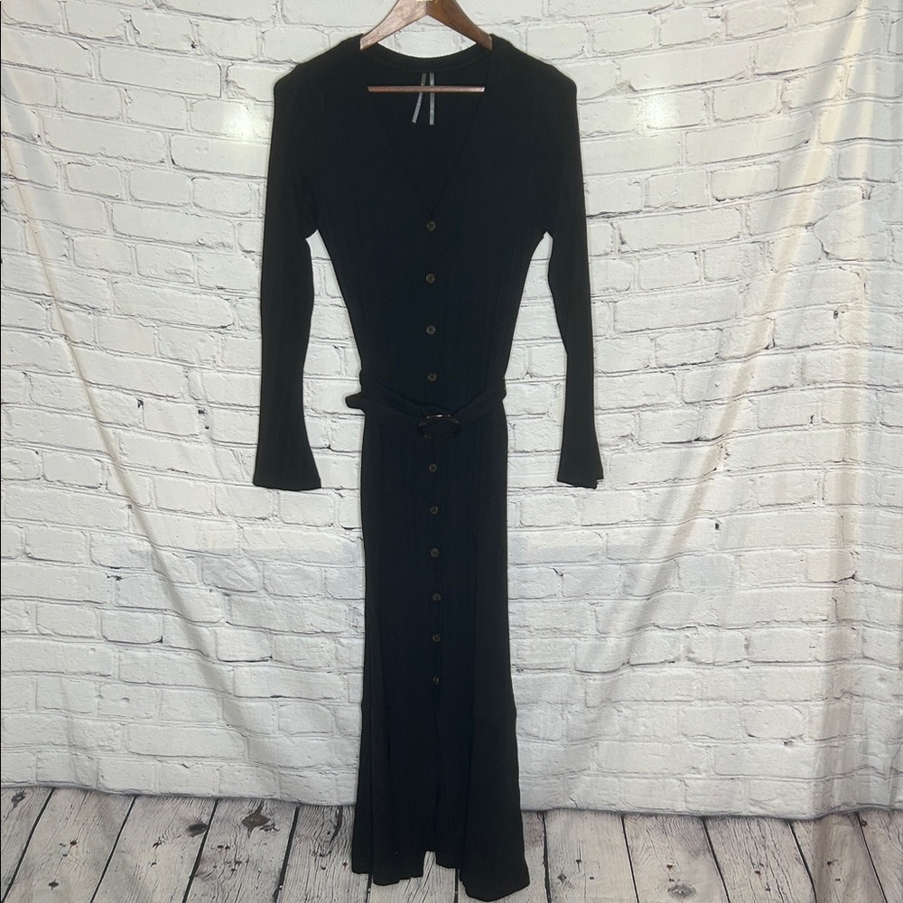 Anthropologie Black Long Button-Up Belted Maxi Cardigan Dress Size Medium